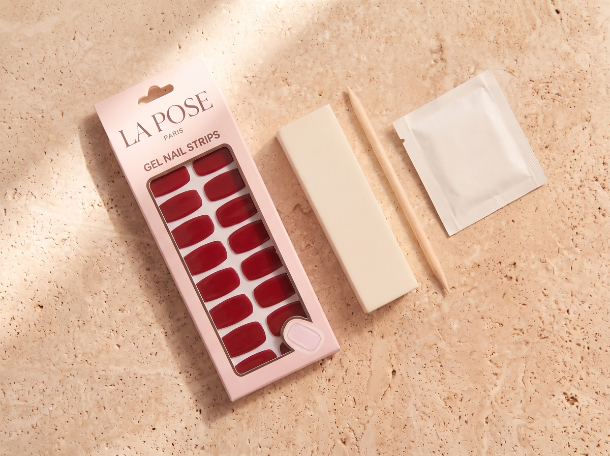 La Pose carton, white file, wooden stick and preparation sachet.