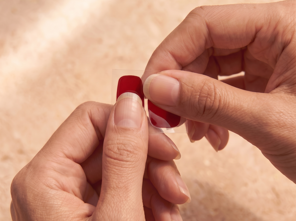 Selecting a red strip to fit the width of a natural nail.